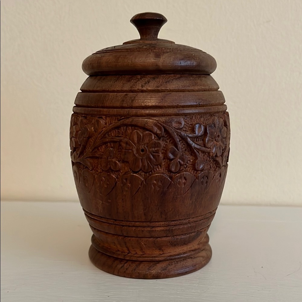 Vintage Hand Carved Teak Sheesham Wooden Lidded Spice Trinket Storage Jar - Picture 3 of 10